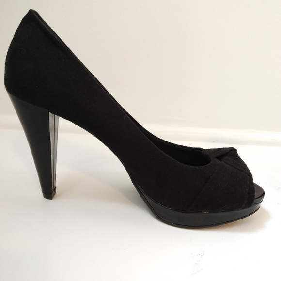 Black, faux suede, peep-toe heels - Picture 4 of 8
